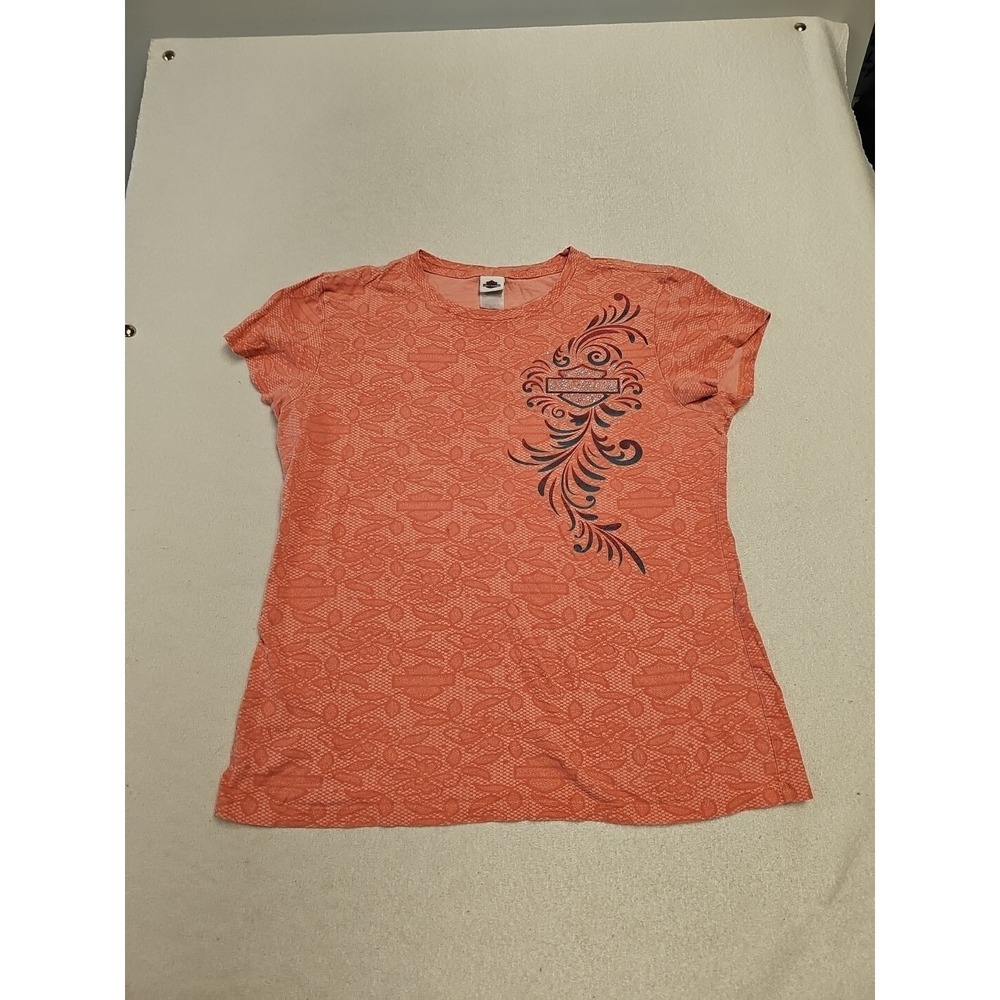 Harley Davidson Womens T Shirt XL Orange Rhinestones Logo COCOA BEACH FLORIDA